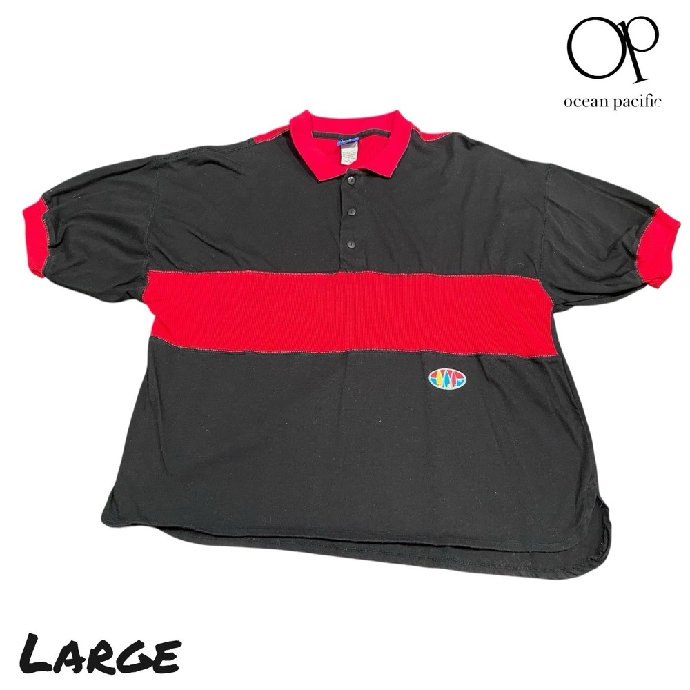 Vintage Ocean Pacific Polo Shirt Mens LARGE Black Pink Stripe 90s Surf Relaxed